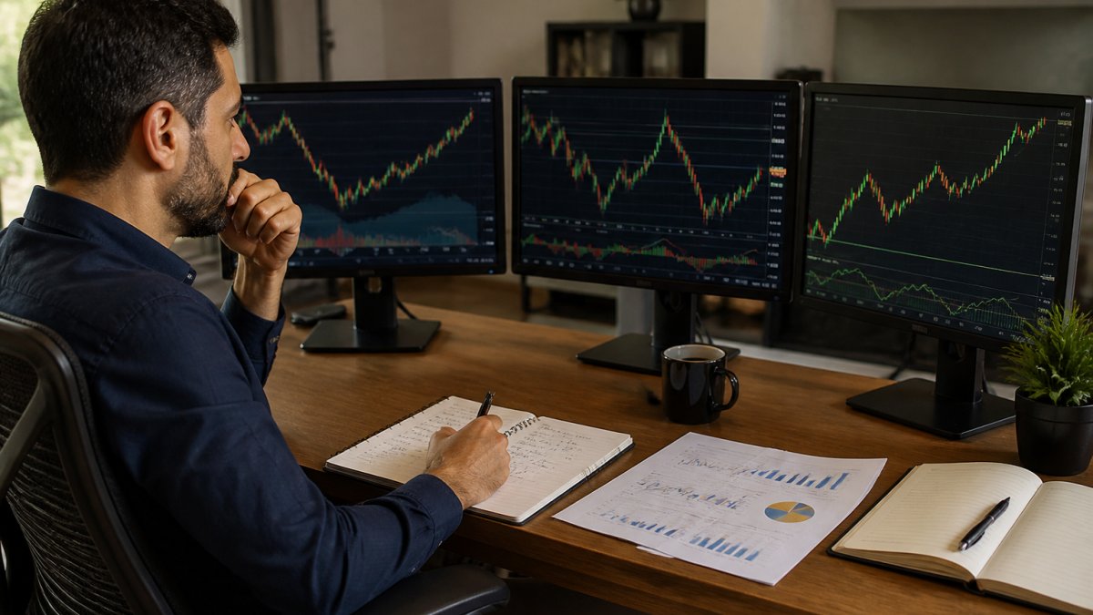 Professional investor reviewing trading performance on multiple monitors in a home office, with notebooks and charts visible on the desk