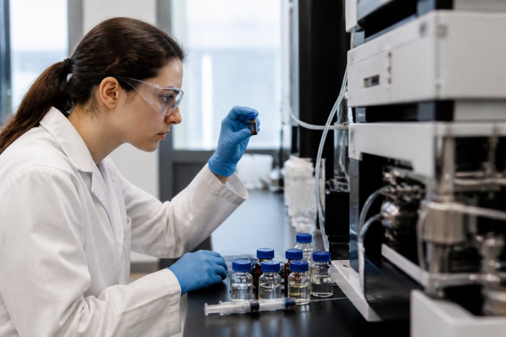 Researcher analyzing an HPLC chromatogram to assess CoQ10 stability in a laboratory setting