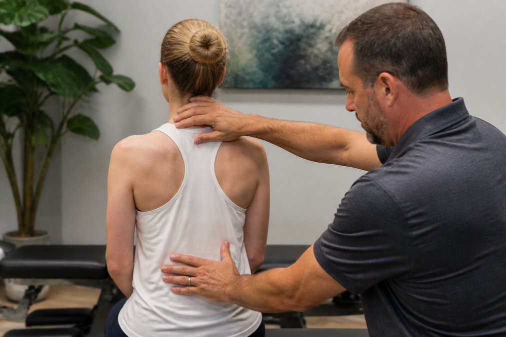 Chiropractor performing neurological assessment on patient seated in clinical examination room, evaluating posture and spinal alignment with hands-on palpation