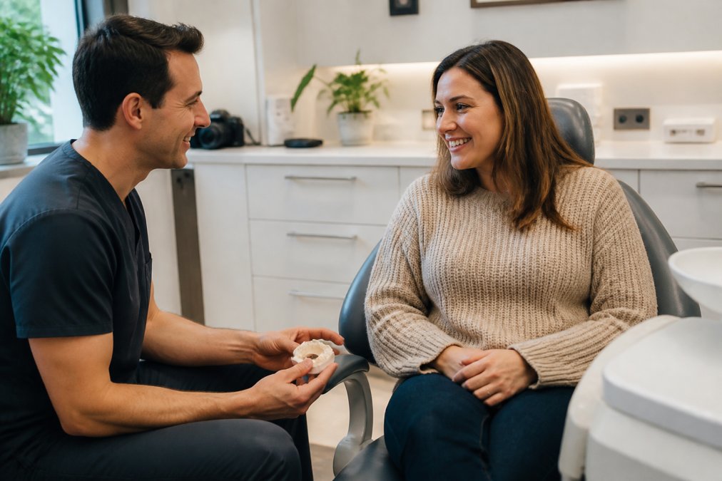 Professional dentist consulting with patient in modern clinical setting, reviewing treatment plan with warm lighting and welcoming environment