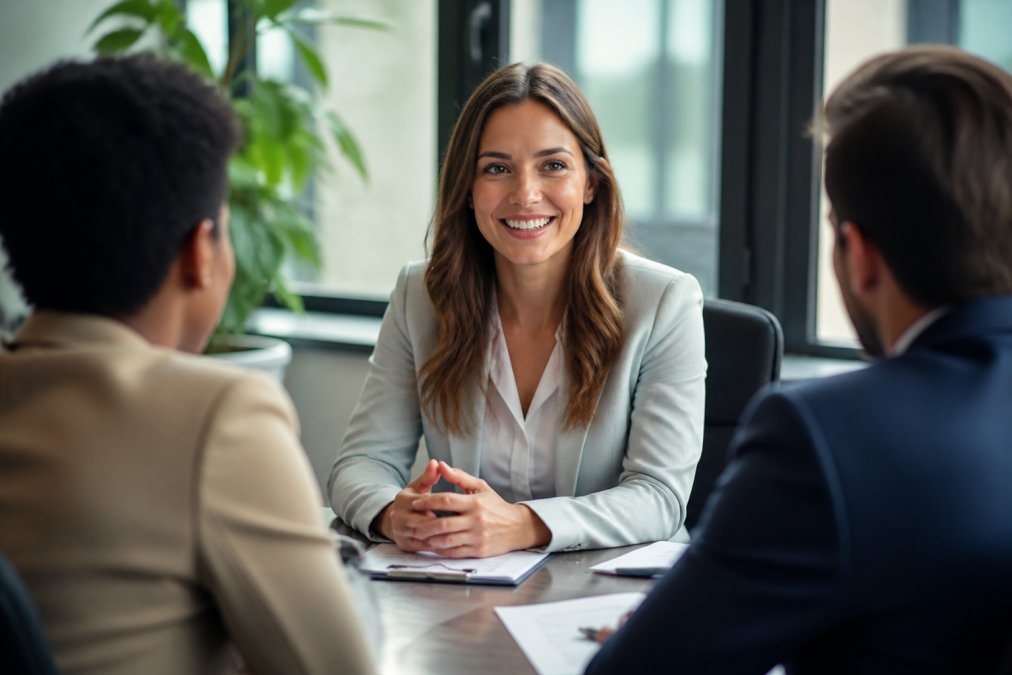 Professional woman smiling confidently during a business meeting, making direct eye contact with colleagues across a conference table in a modern office setting with natural window lighting