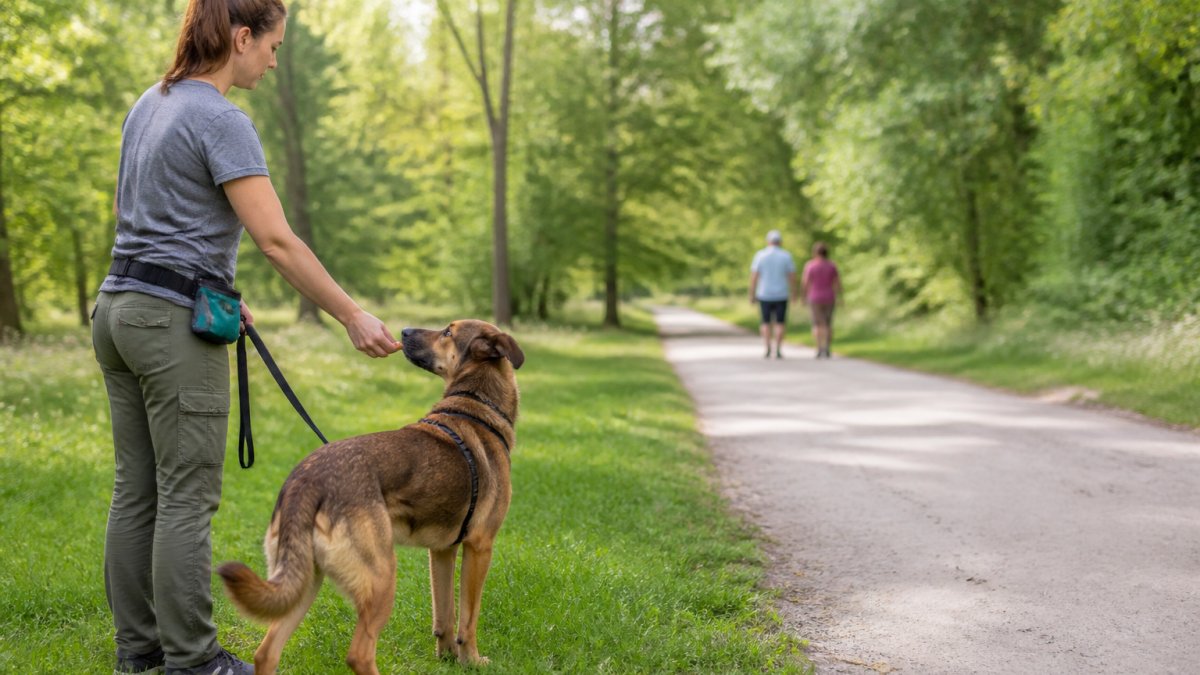 A dog handler standing with a leashed dog at a calm distance from a walking path, holding a small piece of high-value food near the dog's nose while the dog looks toward the path with relaxed body language, grassy park setting in soft daylight