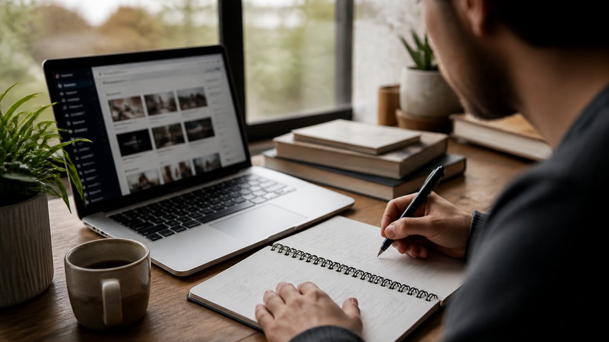 Is Course Creation Software Worth It for Beginners? A person at a home desk with a laptop showing a course dashboard, a notebook with a rough outline, and a coffee mug, warm natural light from a window