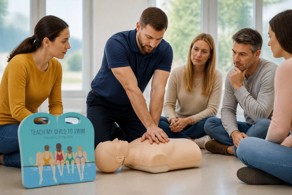 Professional CPR instructor demonstrating proper chest compression technique on a training manikin to a group of attentive parents in a bright, modern training facility with natural lighting
