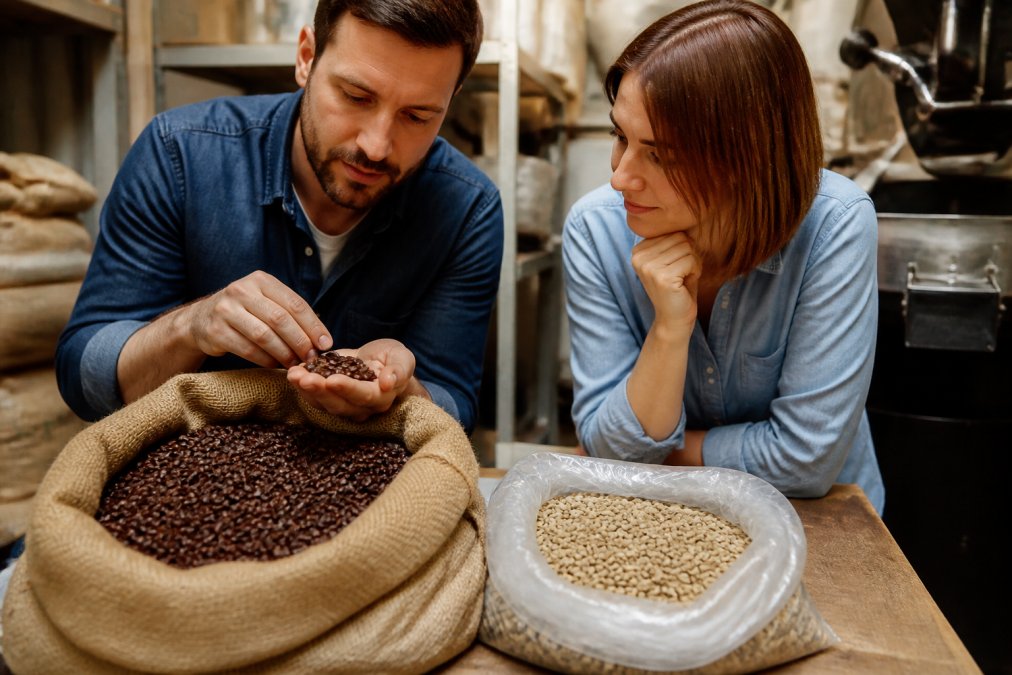 Close-up of freshly roasted craft coffee beans displaying rich brown color and visible texture in a burlap sack next to a bag of pale, uniform mass-produced grocery store coffee beans on a wooden surface