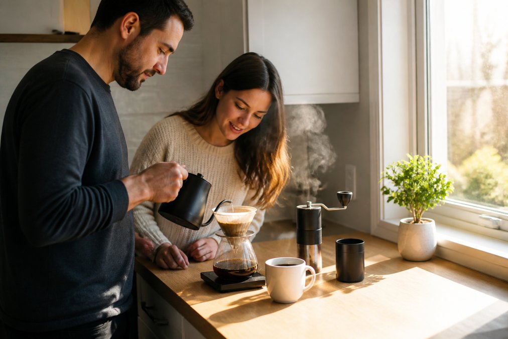 Home coffee setup on a light wooden kitchen counter featuring a pour-over dripper, digital scale, hand grinder, and a steaming white ceramic cup with freshly brewed coffee, morning sunlight streaming through a window