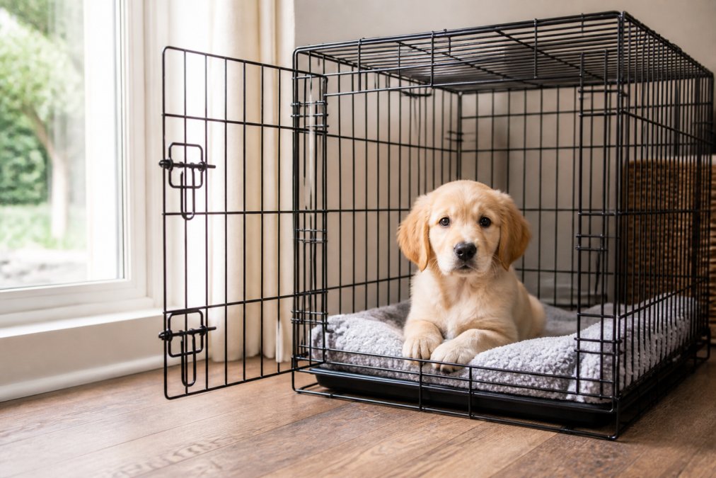 Young puppy sitting calmly inside a wire crate with a soft blanket, looking relaxed and comfortable with the crate door open, natural daylight from window