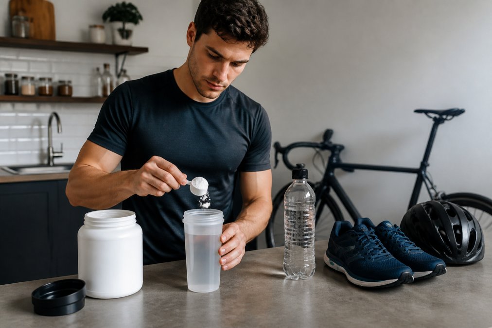 A runner in athletic gear measuring a scoop of white creatine powder into a shaker bottle on a kitchen counter, with a water bottle and training shoes nearby