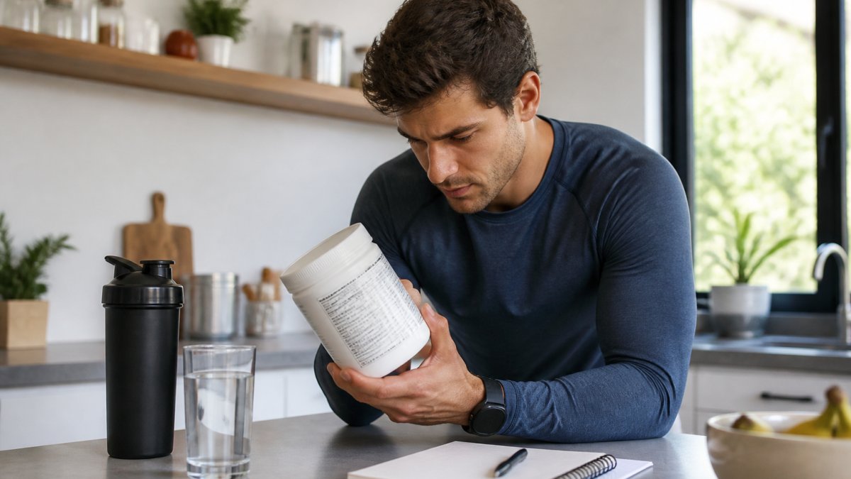 Runner in athletic gear reviewing a supplement label at a kitchen counter with a glass of water and a notebook