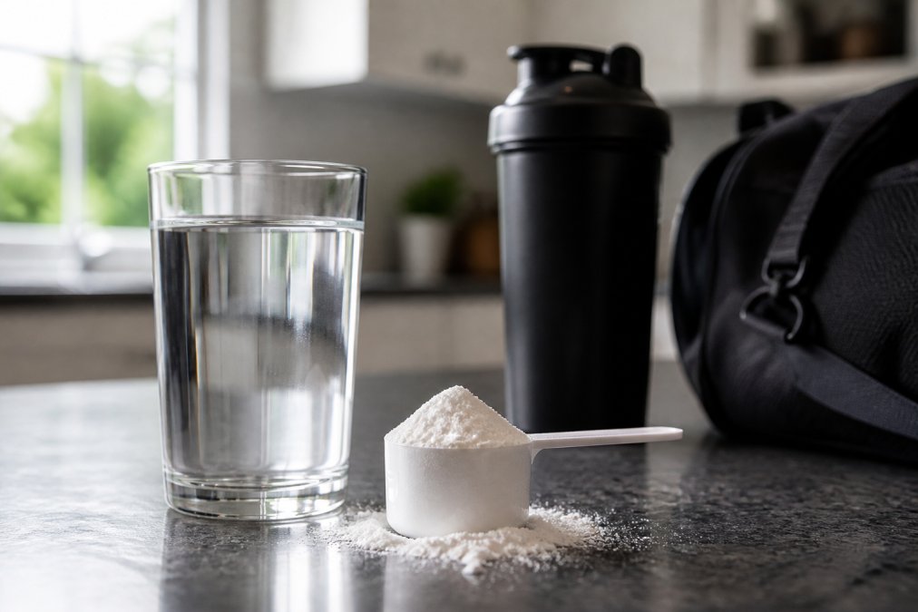A close-up of a clear glass of water with a scoop of white creatine powder beside it on a kitchen counter, with a shaker bottle and gym bag visible in the background