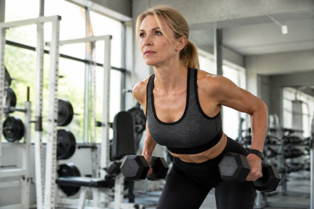 A woman in her mid-40s lifting dumbbells with focused form in a bright, well-equipped gym, natural light streaming through large windows, wearing athletic clothing and looking strong and determined