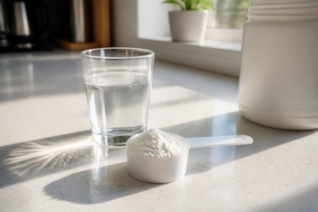 Close-up of a measured scoop of white creatine powder resting beside a clear glass of water on a clean white kitchen counter, morning light from a nearby window