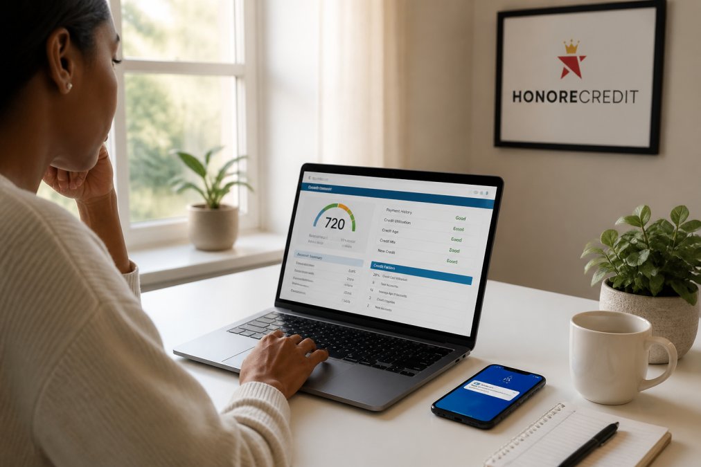 Person reviewing a credit report on a laptop at a clean desk, smartphone beside it showing a monitoring app notification, soft morning light through a window