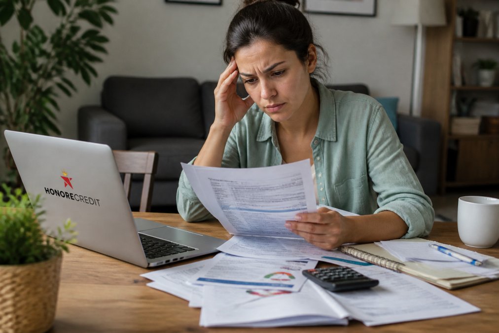 Person at home looking concerned at laptop screen, surrounded by financial documents and credit report papers, representing skepticism and caution about credit repair scams