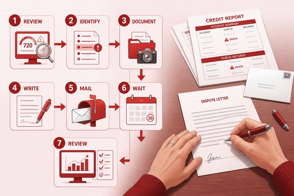 Hands writing on a formal dispute letter at a desk with credit report printouts, envelope, and pen visible, showing the DIY dispute process
