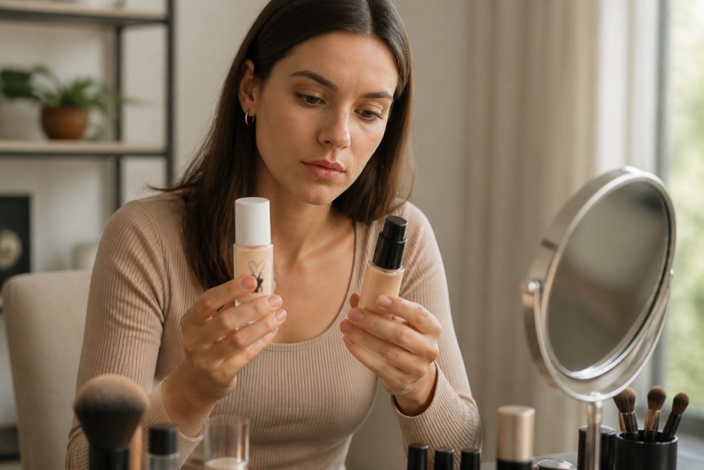 A woman comparing two makeup products side by side at a vanity table, one with a cruelty-free certification label visible, natural lighting, focused expression
