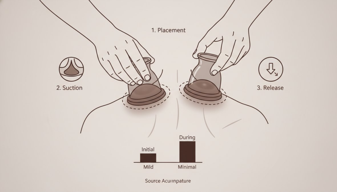 Licensed practitioner applying silicone cups to client's back during treatment, showing the suction effect on skin and the hand pump for pressure adjustment