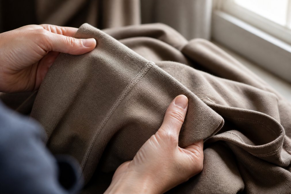 Close-up of hands examining fabric weave, seams, and stitching details on a high-quality garment against natural window lighting, showing thread quality and construction precision