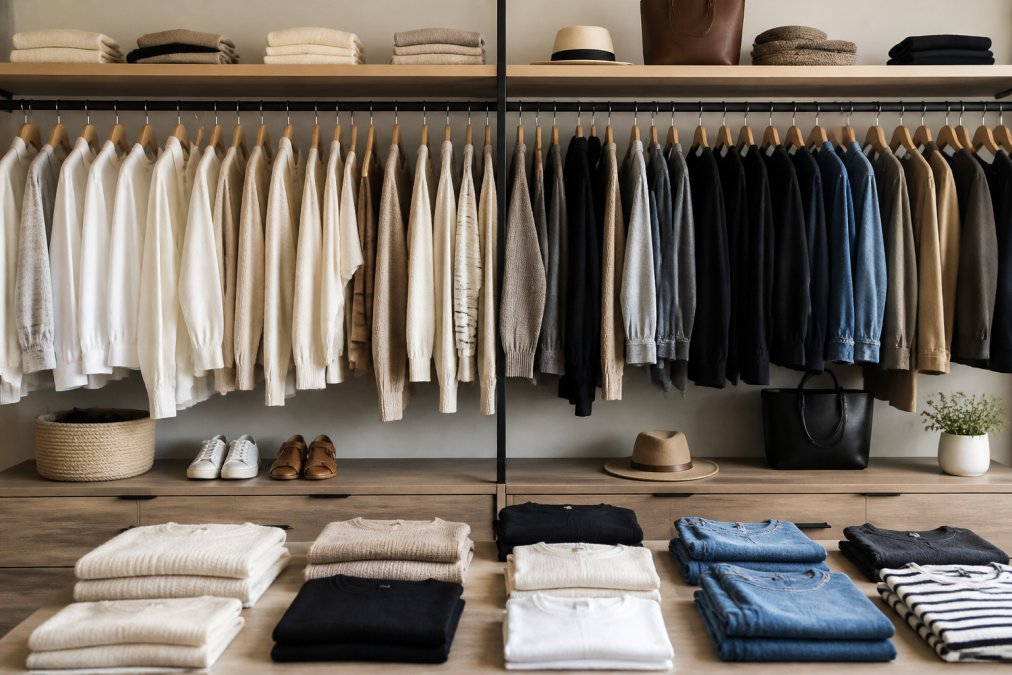 Organized closet or clothing rack displaying neutral-toned foundational pieces, layered basics, and versatile staples arranged by color and garment type with clean, minimalist styling