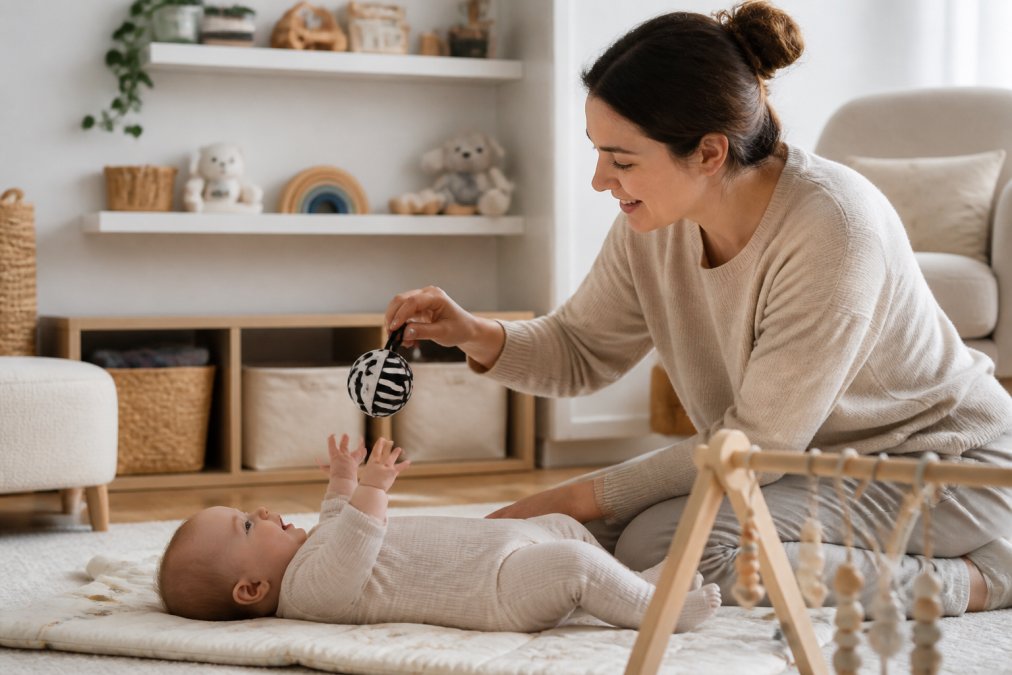 Parent with newborn in calm nursery, holding a high-contrast sensory toy above baby on a play mat, with thoughtfully arranged essentials on floating shelves and minimal clutter visible in soft natural light
