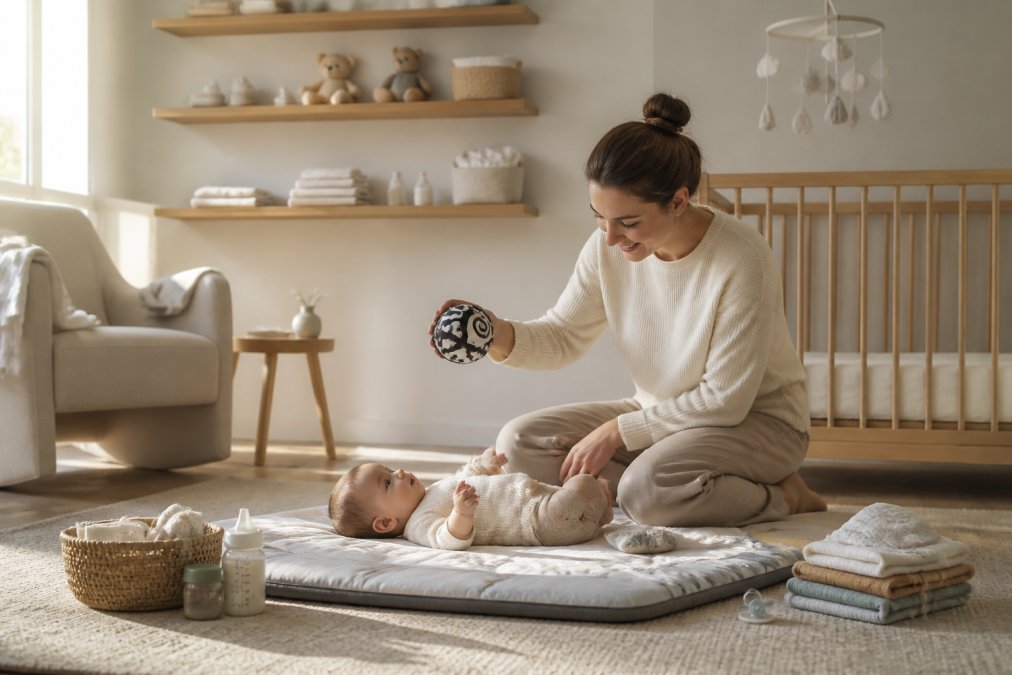 Parent with newborn in nursery, holding a high-contrast sensory toy above baby on a play mat, with thoughtfully arranged essentials on floating shelves and minimal clutter visible in soft natural light