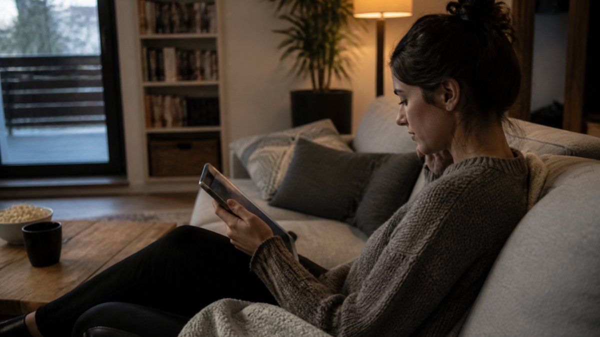 Person sitting on a couch with a tablet, thoughtfully browsing through film titles with a curated collection displayed on screen, warm ambient lighting