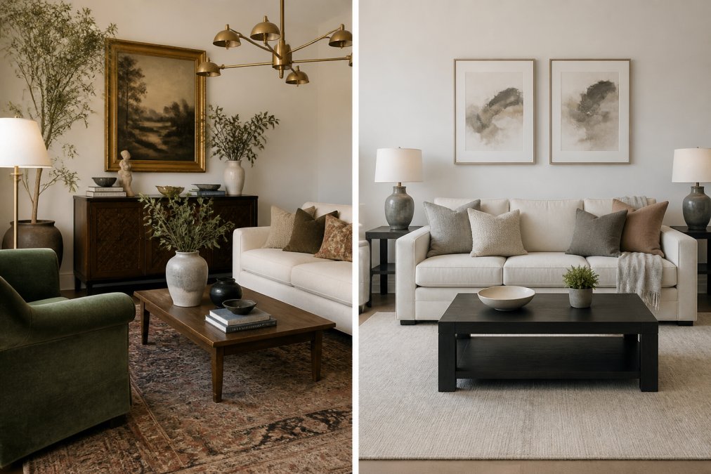 A carefully styled living room featuring a mix of vintage pieces, artisan ceramic vases, and designer brass lighting fixtures alongside a similar room filled with identical mass-produced furniture and generic wall decor