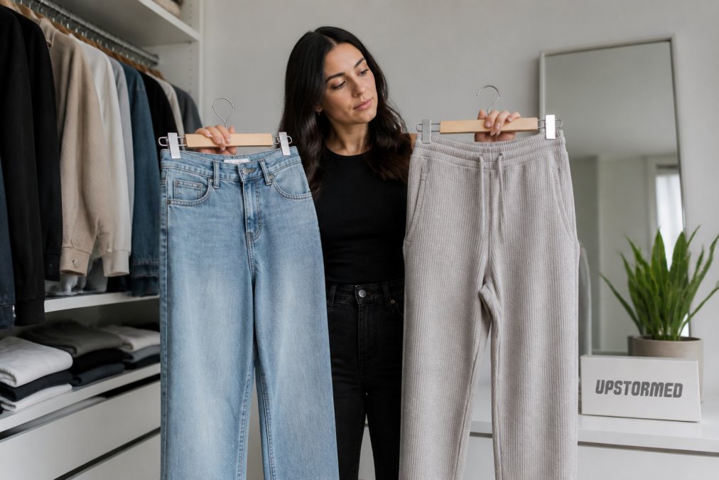 Infographic comparing high-rise jeans and ribbed joggers for curated lifestyle apparel testing.