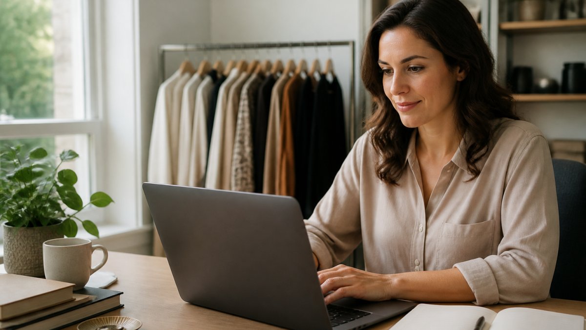 A woman in her thirties sitting at a tidy desk with a laptop open to a clothing website, a notebook and pen beside her, natural light from a window, looking focused and relaxed rather than overwhelmed