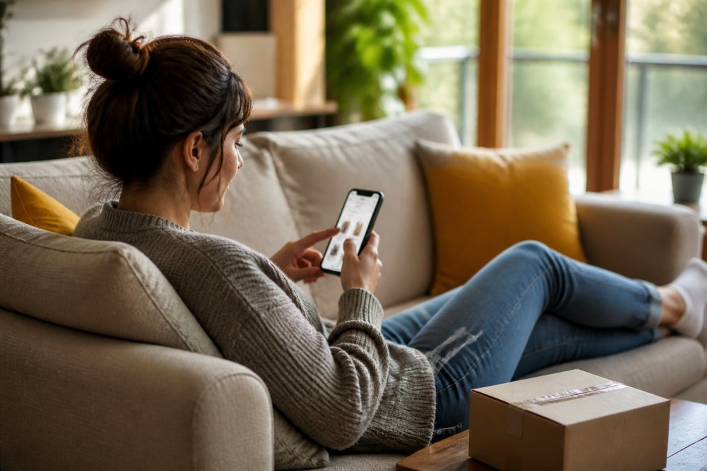 A person relaxing on a couch with a smartphone, browsing a curated shopping app while a delivery box sits nearby, warm natural light