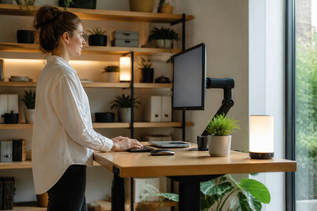 Professional working at ergonomic standing desk with proper posture, curated workspace gadgets including ambient lighting, wellness items and organisers visible on shelves in the background, natural office lighting
