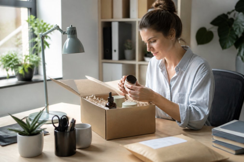 Busy professional unpacking carefully packaged curated items at home, showing quality packaging and product presentation, with workspace items visible including lighting and organisers, natural lighting from window