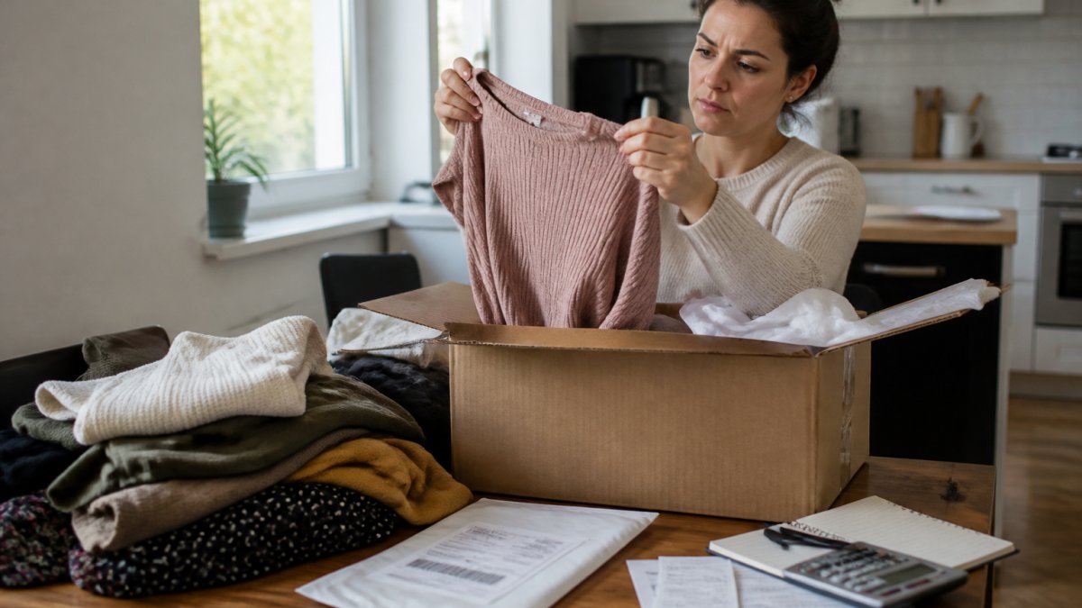Flowchart visualizing the process of evaluating garment fit and managing returns for clothing deliveries.