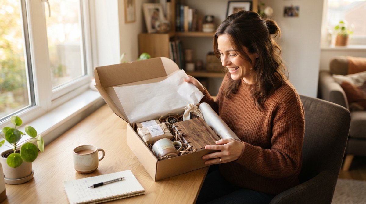 A person sitting at a clean wooden desk, unwrapping a neatly packaged box of unique lifestyle products, looking pleasantly surprised, with warm natural lighting streaming through a nearby window