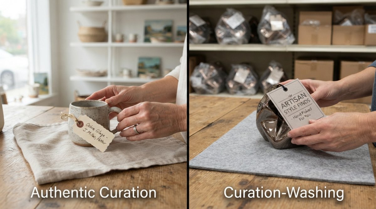 Close-up of a pair of hands carefully examining a small artisan product with a handwritten tag, held against a soft neutral linen background suggesting careful, deliberate selection