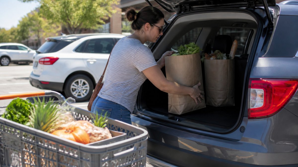 Busy parent loading groceries into car trunk at store parking lot during afternoon pickup, showing convenience and time efficiency with natural daylight