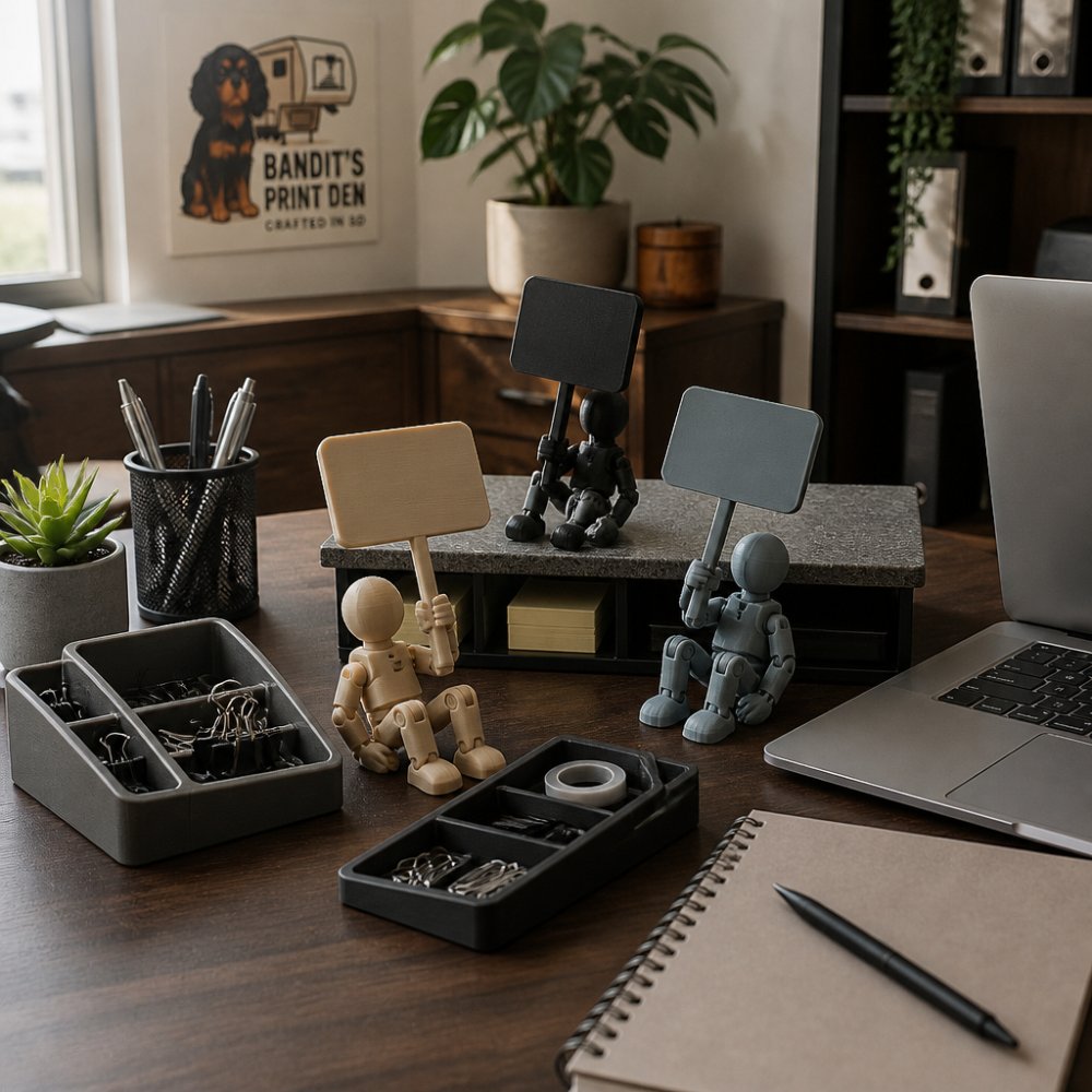 Professional office desk workspace displaying multiple 3D printed desk buddies with interchangeable signs and functional organizers, arranged alongside a laptop and office supplies in natural lighting