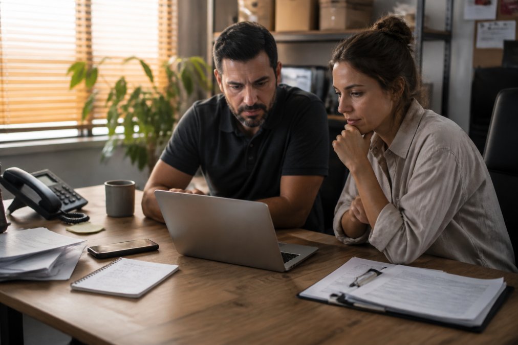 A small business owner and an operations manager reviewing a dashboard on a laptop in a modest office, phone and paper dispatch notes on the desk beside them, warm afternoon light through blinds