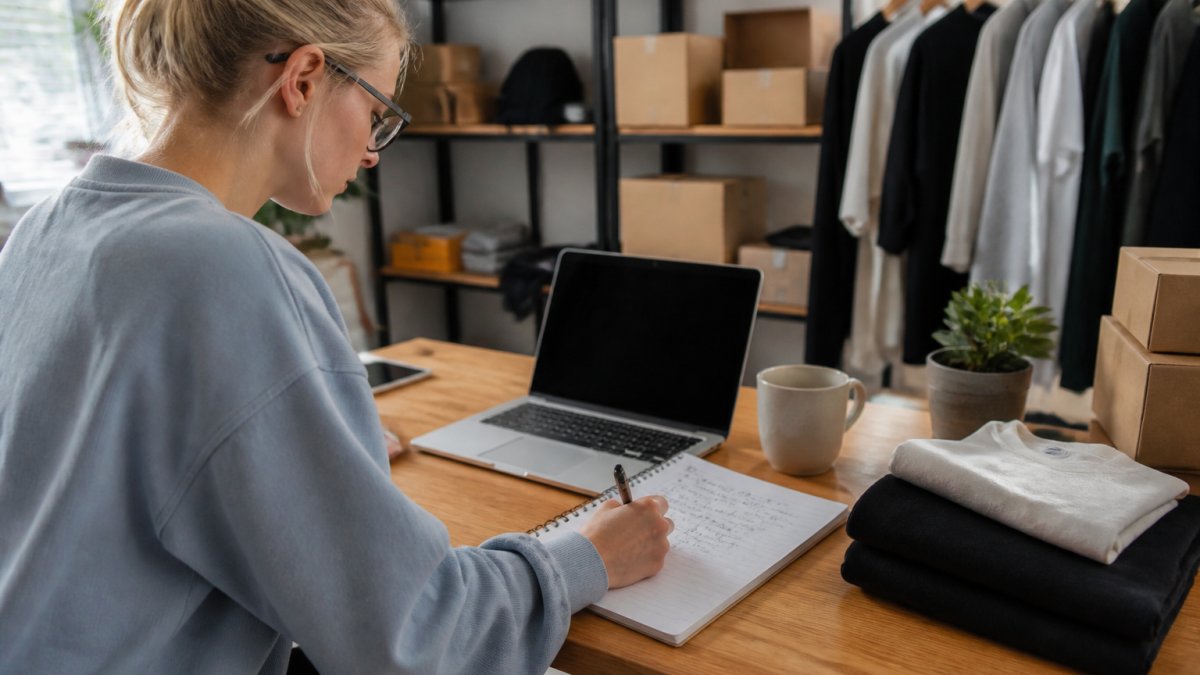 A small business owner at a wooden desk with a laptop showing an online store dashboard, a notebook with handwritten margin calculations, and a coffee cup nearby