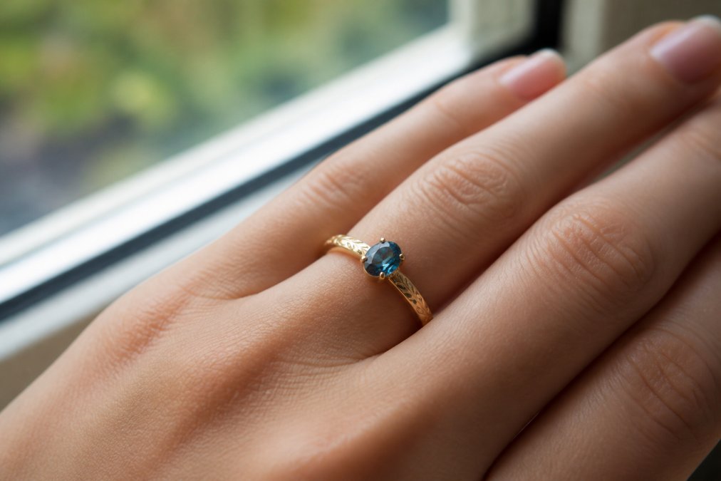 Close-up of a delicate custom birthstone ring on a hand, showing intricate hand-engraved details and faceted gemstone catching natural light through a window
