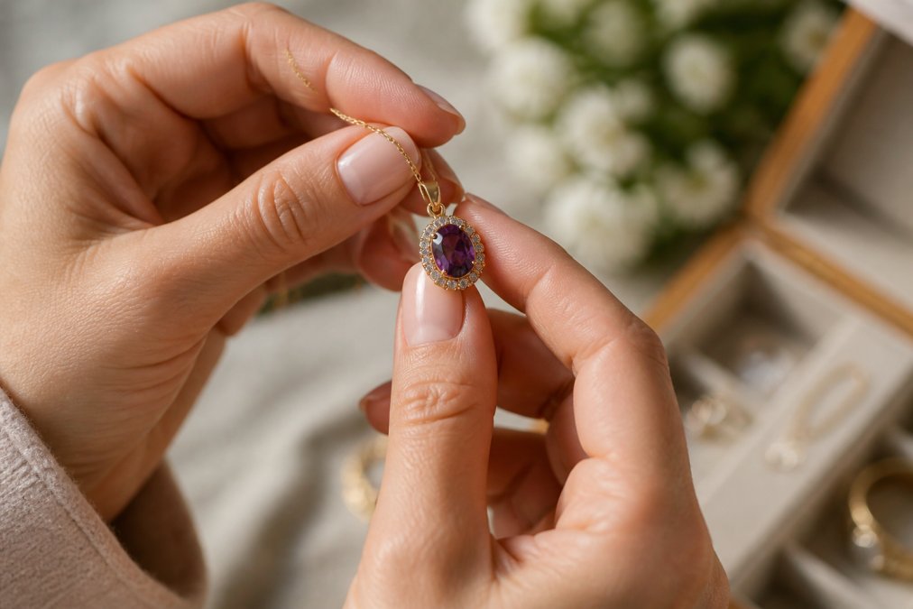 Hands examining a 14k gold birthstone pendant, tilting it to show the metal's warm luster and the gemstone's brilliance in afternoon light