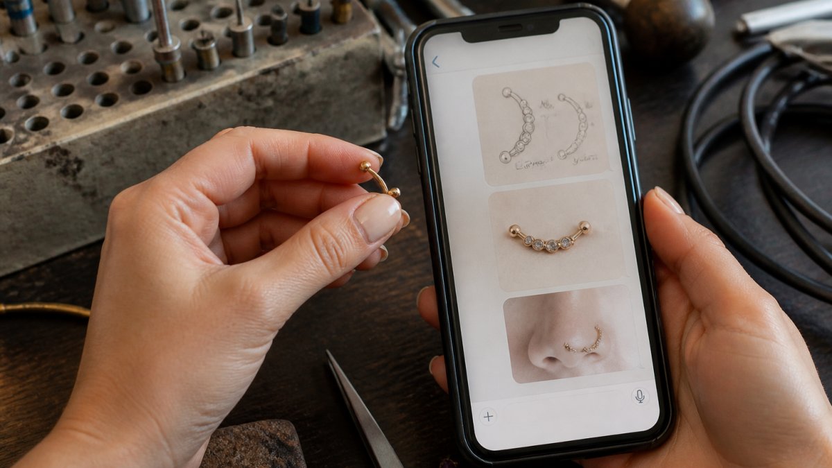 Close-up of hands holding a delicate 14k gold curved barbell piercing next to a smartphone displaying a custom order message thread with design specifications and sketches