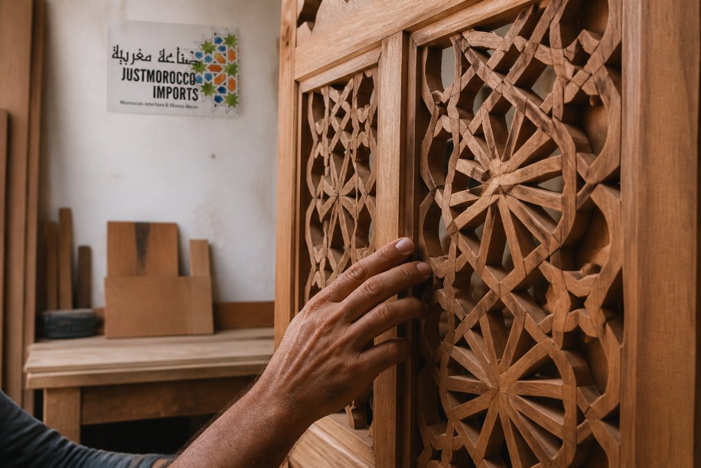 Close-up of hand-carved Moroccan cabinet door with intricate geometric lattice patterns and rich wood grain detail showing craftsmanship, soft studio lighting highlighting the texture and finish