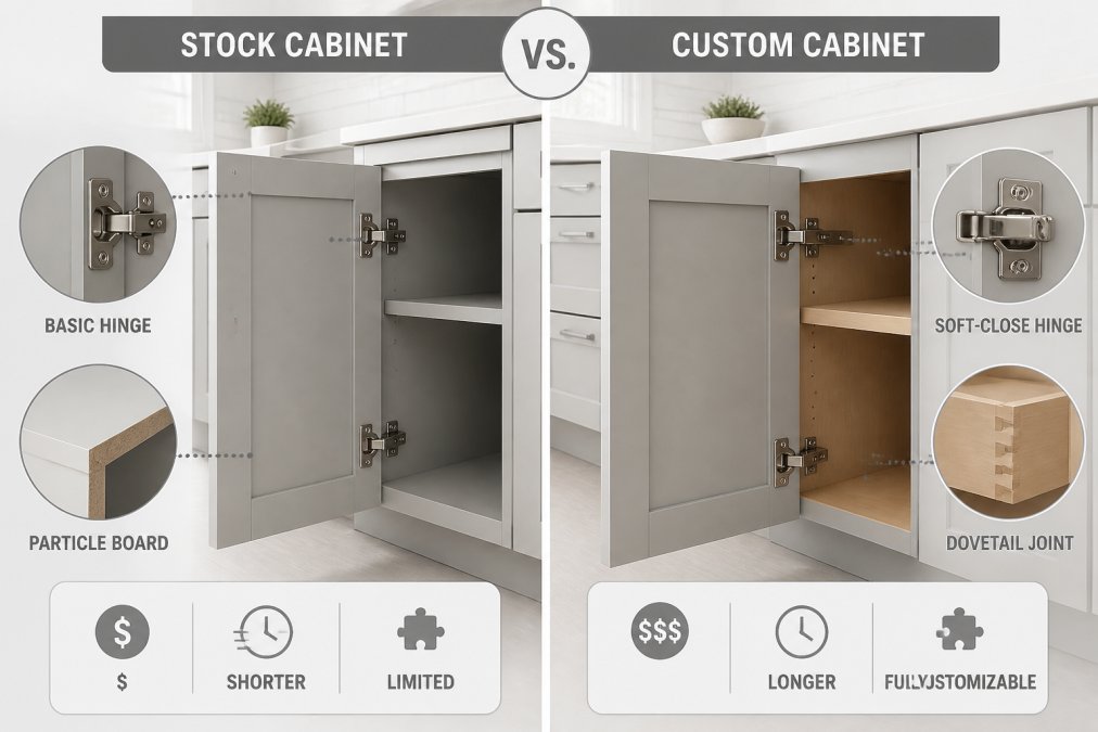 Side-by-side view of two kitchen cabinet doors in a bright showroom, one mass-produced stock cabinet with basic hinges and one custom-built cabinet showing dovetail joints and soft-close hinges
