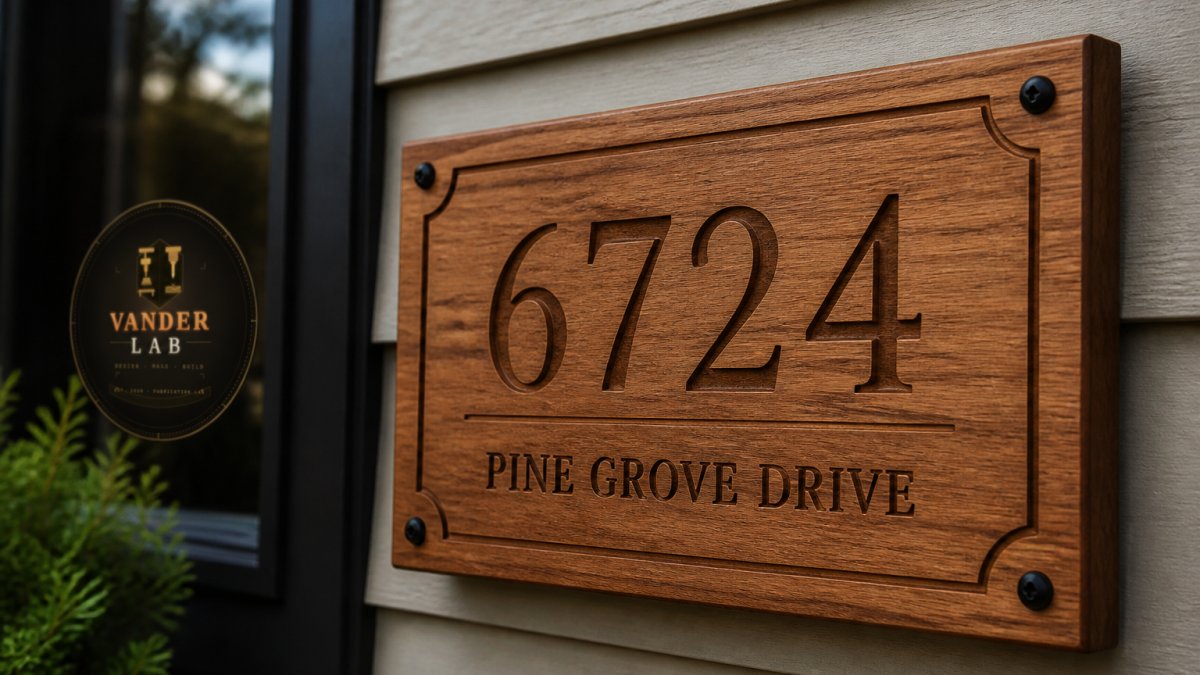 Close-up of a precision-cut wooden address sign mounted on a home exterior, showing sharp engraved details and natural wood grain finish