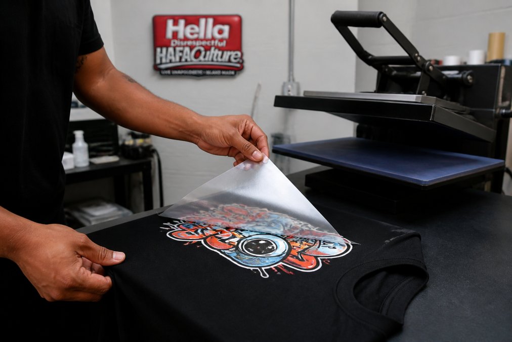 Close-up of hands peeling a DTF transfer film off a freshly pressed black t-shirt, heat press visible in the background of a small workshop