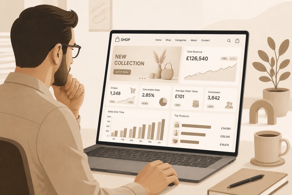 Business owner reviewing a modern ecommerce website dashboard on a laptop screen, showing analytics and product management interface with natural office lighting
