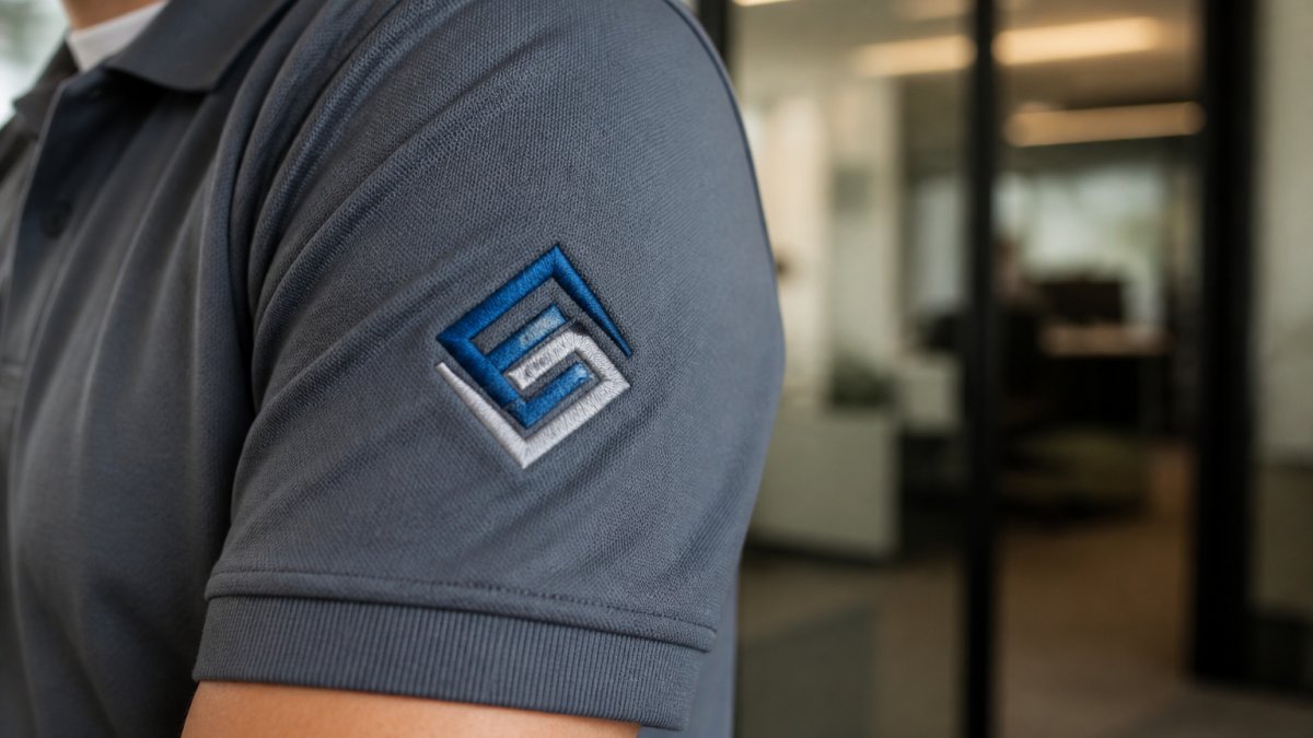 Close-up of embroidered company logo on work shirt sleeve showing detailed thread stitching and texture, worn by professional in business casual setting with natural office lighting