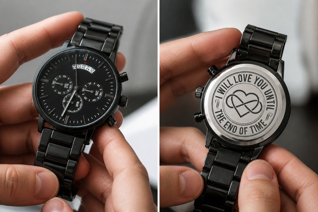 Hands carefully examining an elegant chronograph watch, turning it over to inspect the caseback details, with neutral background emphasizing the timepiece's craftsmanship and precision
