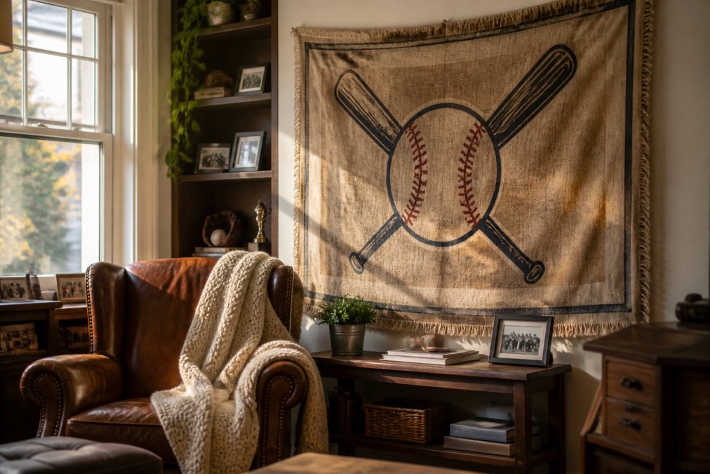 Cozy living room corner featuring custom fabric wall art of a vintage baseball logo above a leather armchair.